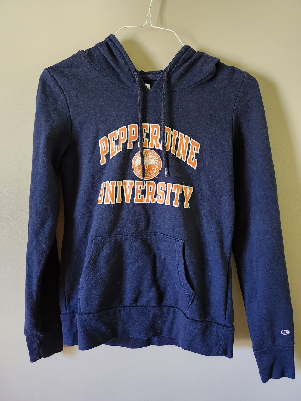 Champion Navy Pepperdine University Crewneck Hoodie with Orange Logo *Small